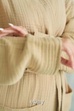 100% Cotton Muslin Kimono Robe, Dressing Gown Robe, Soft Bathrobe, Unisex, Beige