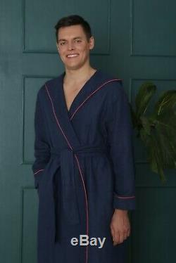 100% Linen NAVY BLUE bathrobe, Natural linen robe, MEN bathrobe, Linen SPA robe