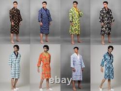 10 PC Men Casual Dressing Gown Cotton Printed Bathrobe Pool Wear Soft Kimono