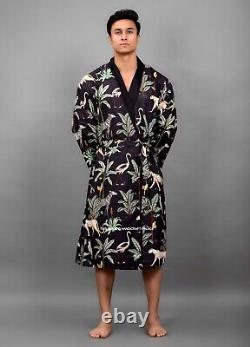 10 PC Men Casual Dressing Gown Cotton Printed Bathrobe Pool Wear Soft Kimono