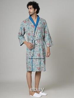 10 PC Men Casual Dressing Gown Cotton Printed Bathrobe Pool Wear Soft Kimono