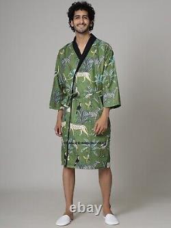 10 PC Men Casual Dressing Gown Cotton Printed Bathrobe Pool Wear Soft Kimono