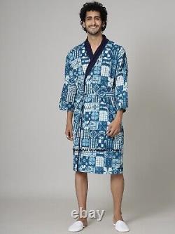 10 PC Men Casual Dressing Gown Cotton Printed Bathrobe Pool Wear Soft Kimono