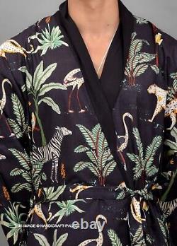 10 PC Men Casual Dressing Gown Cotton Printed Bathrobe Pool Wear Soft Kimono