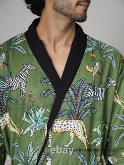 10 PC Men Casual Dressing Gown Cotton Printed Bathrobe Pool Wear Soft Kimono