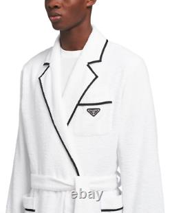 $1430 Authentic Prada Triangle Logo Trimmed White Cotton Bathrobe