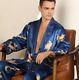 2Pcs Men Satin Robe + Shorts Dragon Silk Spa Long Sleeve Kimono Bathrobe