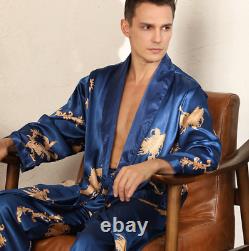 2Pcs Men Satin Robe + Shorts Dragon Silk Spa Long Sleeve Kimono Bathrobe