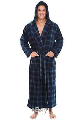 Alexander Del Rossa Mens Fleece Plaid Robe, Long Hooded Bathrobe