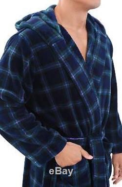 Alexander Del Rossa Mens Fleece Plaid Robe, Long Hooded Bathrobe