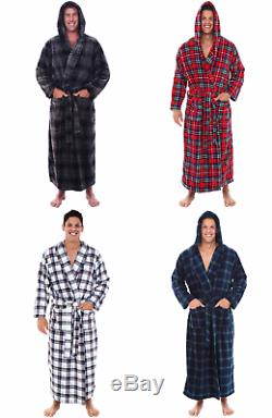 Alexander Del Rossa Mens Fleece Plaid Robe, Long Hooded Bathrobe