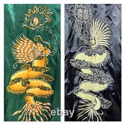 Asian Inspired Reversible Silky Long Bath Robe Men's L/XL Embroidery Black Green