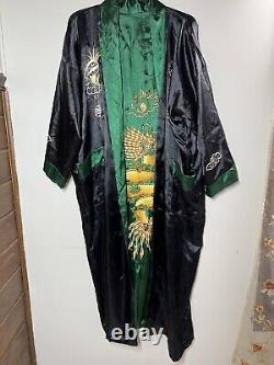 Asian Inspired Reversible Silky Long Bath Robe Men's L/XL Embroidery Black Green