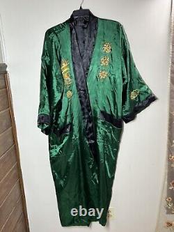 Asian Inspired Reversible Silky Long Bath Robe Men's L/XL Embroidery Black Green