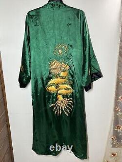 Asian Inspired Reversible Silky Long Bath Robe Men's L/XL Embroidery Black Green