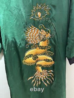 Asian Inspired Reversible Silky Long Bath Robe Men's L/XL Embroidery Black Green