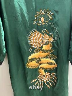 Asian Inspired Reversible Silky Long Bath Robe Men's L/XL Embroidery Black Green