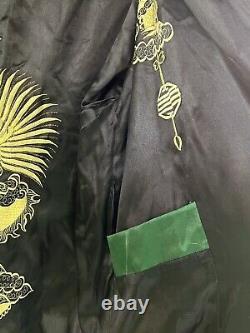 Asian Inspired Reversible Silky Long Bath Robe Men's L/XL Embroidery Black Green