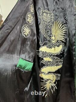 Asian Inspired Reversible Silky Long Bath Robe Men's L/XL Embroidery Black Green