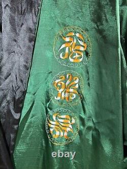 Asian Inspired Reversible Silky Long Bath Robe Men's L/XL Embroidery Black Green