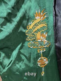 Asian Inspired Reversible Silky Long Bath Robe Men's L/XL Embroidery Black Green