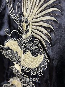 Asian Inspired Reversible Silky Long Bath Robe Men's L/XL Embroidery Black Green