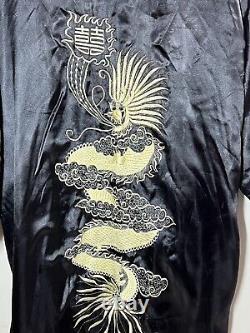 Asian Inspired Reversible Silky Long Bath Robe Men's L/XL Embroidery Black Green