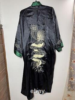 Asian Inspired Reversible Silky Long Bath Robe Men's L/XL Embroidery Black Green