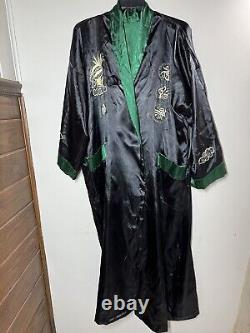 Asian Inspired Reversible Silky Long Bath Robe Men's L/XL Embroidery Black Green