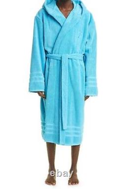 Balenciaga Men's Light Blue Embroidered Hotel Logo Hooded Bathrobe Size Medium