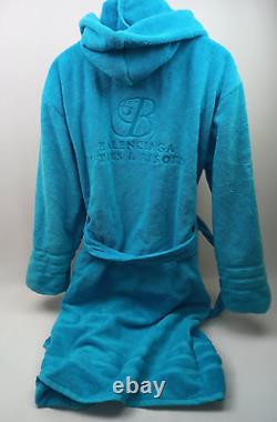 Balenciaga Men's Light Blue Embroidered Hotel Logo Hooded Bathrobe Size Medium