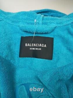 Balenciaga Men's Light Blue Embroidered Hotel Logo Hooded Bathrobe Size Medium