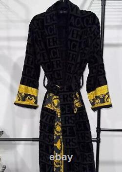 Baroque And Greca Versace Print Black Long Unisex Bathrobe Large Robe