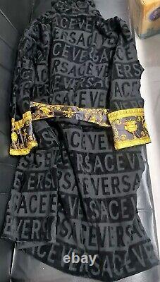 Baroque And Greca Versace Print Black Long Unisex Bathrobe Large Robe