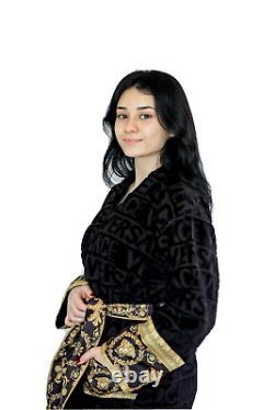 Black Patterned Bathrobe %100 Cotton Robe, Dressing Gown Perfect for Bathroom