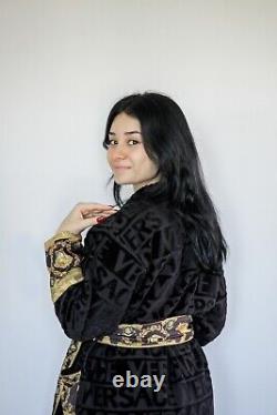 Black Patterned Bathrobe %100 Cotton Robe, Dressing Gown Perfect for Bathroom