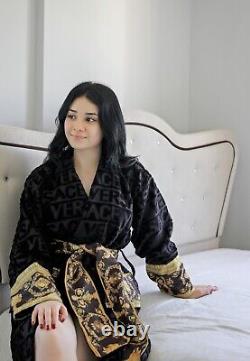 Black Patterned Bathrobe %100 Cotton Robe, Dressing Gown Perfect for Bathroom