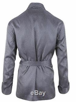 Brioni men's bathrobe dressing gown pajama robe size L 100% silk blue geometric