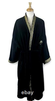Caesars Atlantic City Greek Key Trim Terry Velour Black Long Bath/Spa Robe OSFA