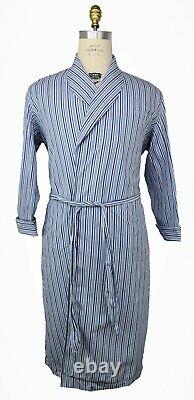 Charvet White With Light & Dark Blue Striped Made in France Mens Bath Robe XL