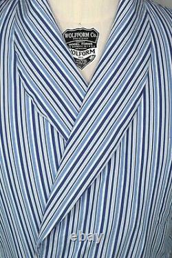 Charvet White With Light & Dark Blue Striped Made in France Mens Bath Robe XL