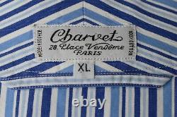 Charvet White With Light & Dark Blue Striped Made in France Mens Bath Robe XL