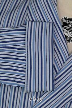 Charvet White With Light & Dark Blue Striped Made in France Mens Bath Robe XL