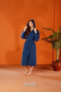 Cotton Waffle Navy Bathrobe Organic Women's Dressing Gown, Men's Long Bathrobe