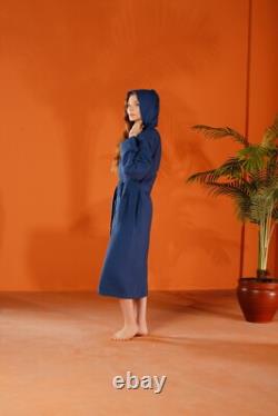 Cotton Waffle Navy Bathrobe Organic Women's Dressing Gown, Men's Long Bathrobe
