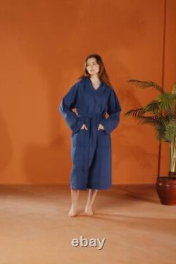 Cotton Waffle Navy Bathrobe Organic Women's Dressing Gown, Men's Long Bathrobe