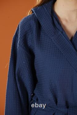 Cotton Waffle Navy Bathrobe Organic Women's Dressing Gown, Men's Long Bathrobe