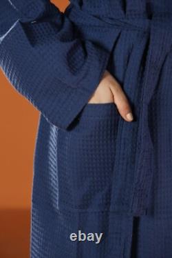 Cotton Waffle Navy Bathrobe Organic Women's Dressing Gown, Men's Long Bathrobe
