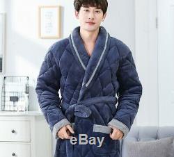 D44 Men's Winter Pleuche Pajama Fleece Bathrobe Long Sleepwear Night Robe Q
