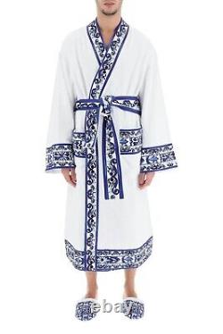 DOLCE & GABBANA Casa white & blue Blu Mediterraneo cotton bath robe authentic